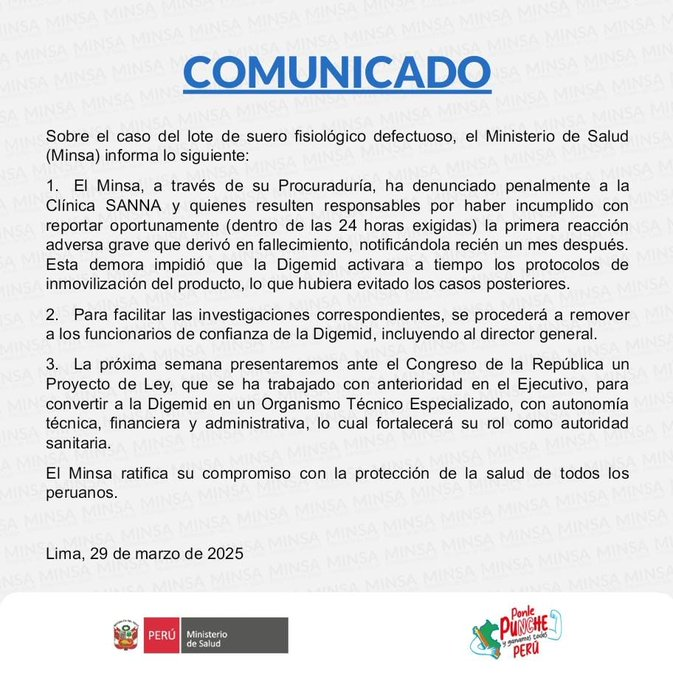 image-2 Suero fisiológico: Minsa denuncia a clínica Sanna y remueve a director de Digemid