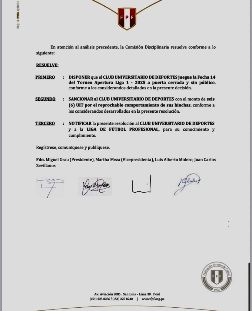 IMG_0245-832x1024 Comisión Disciplinaria de la FPF sanciona a Universitario: clásico ante Sporting Cristal se jugará sin público